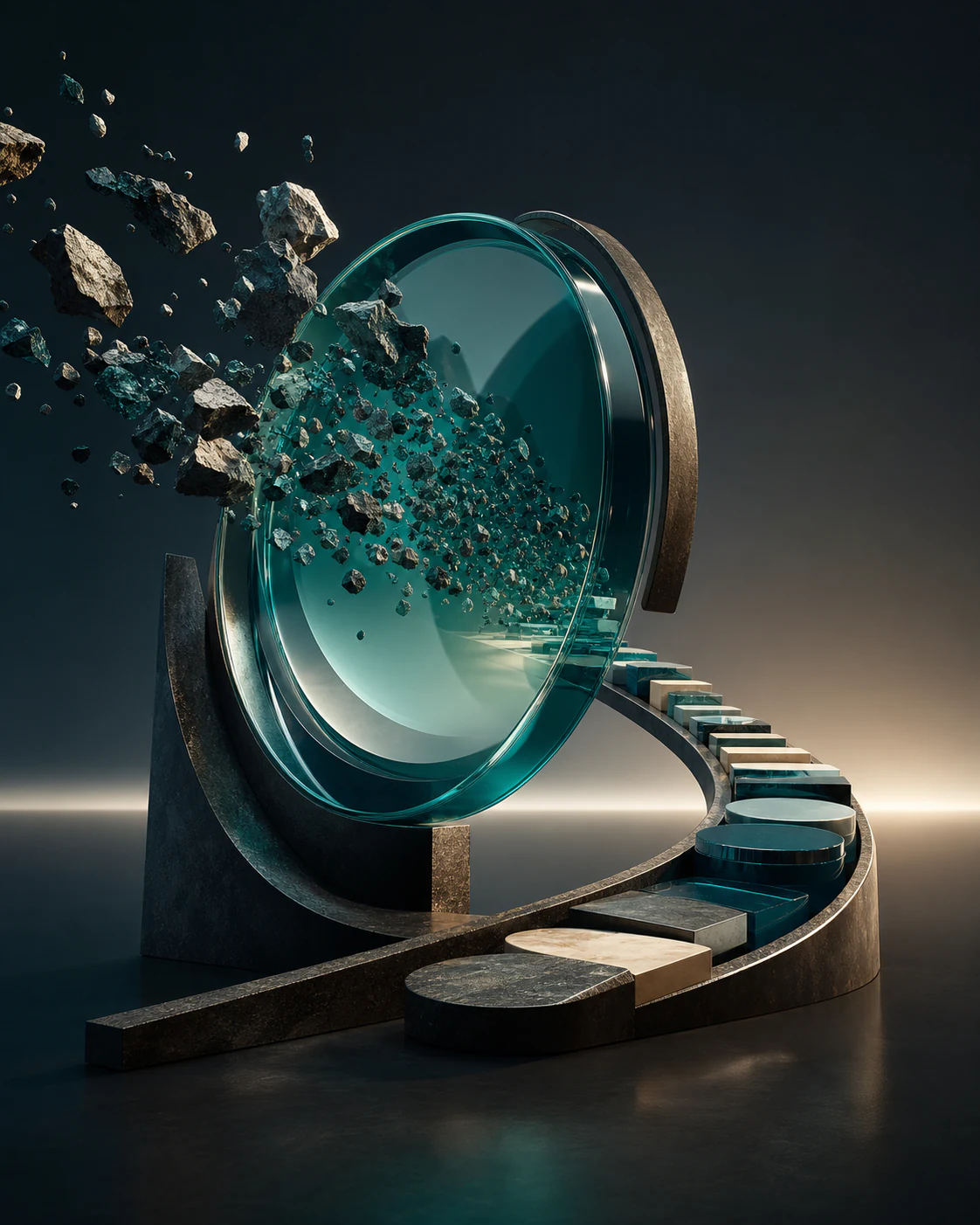 Rough stone fragments pass through a teal glass lens and emerge as an ordered path.